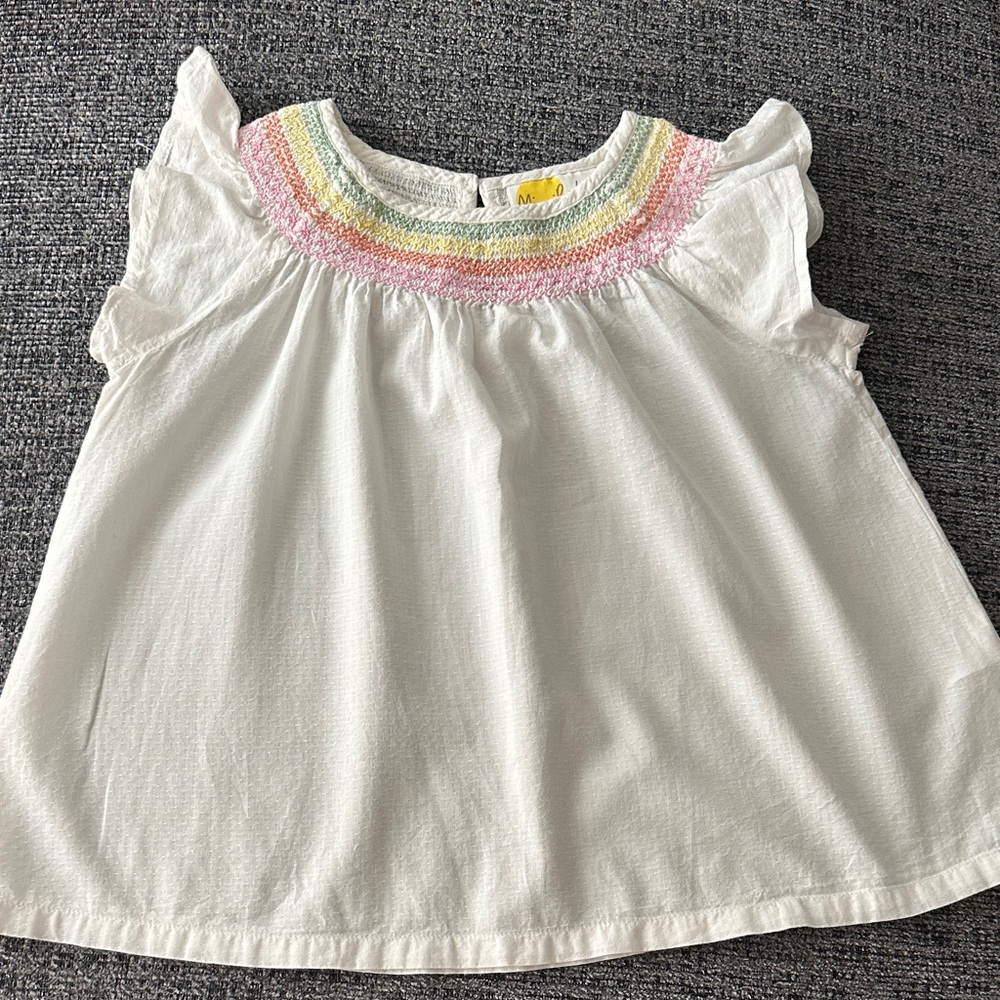 Mini Boden White Flutter Sleeve Top with Pastel Rainbow Smocking